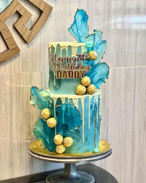 Birthday cake with a blue and gold sugar crystal design theme