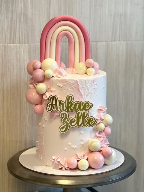 Birthday cake with a girl balloon rainbow theme
