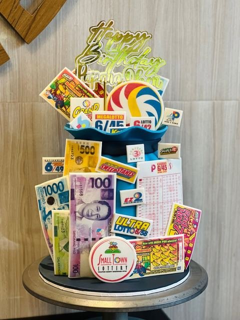 Birthday cake with a lottery money theme