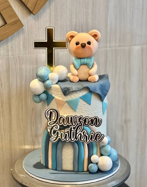 Christening cake, teddy bear baby boy design